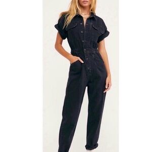 Free People Charcoal Denim Coveralls